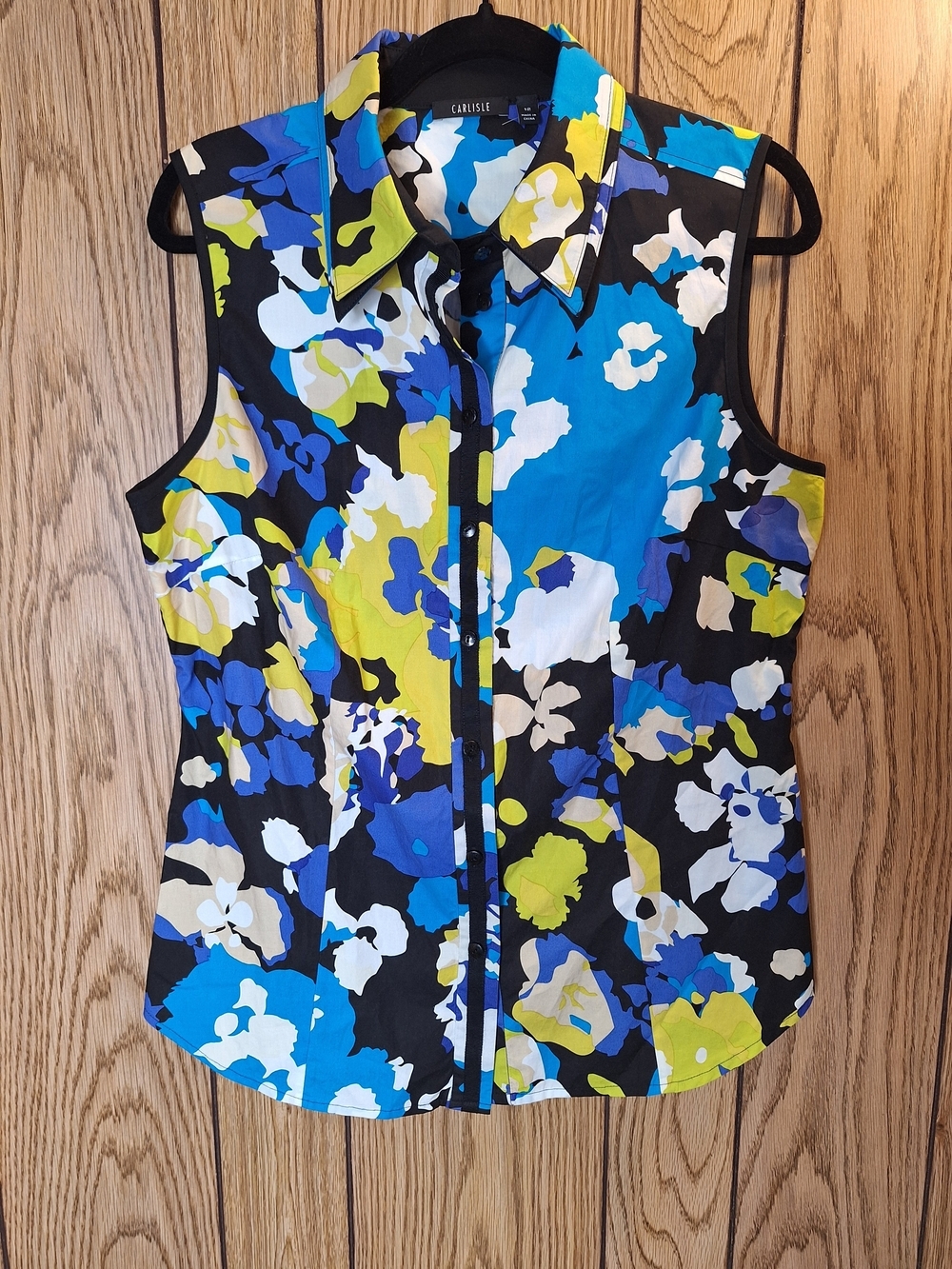 Carlisle Sleeveless Floral Button-Front Top in Blue, Lime & Black Size 12